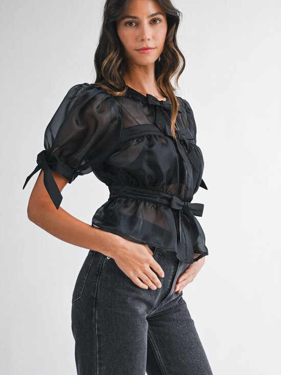 NWT Mable Black Aurelie Organza Bow Puff Short Sleeve Top - Picture 2 of 6